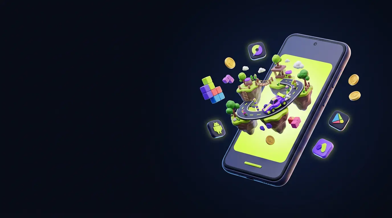 A smartphone with a colorful miniature game world bursting out of its screen
